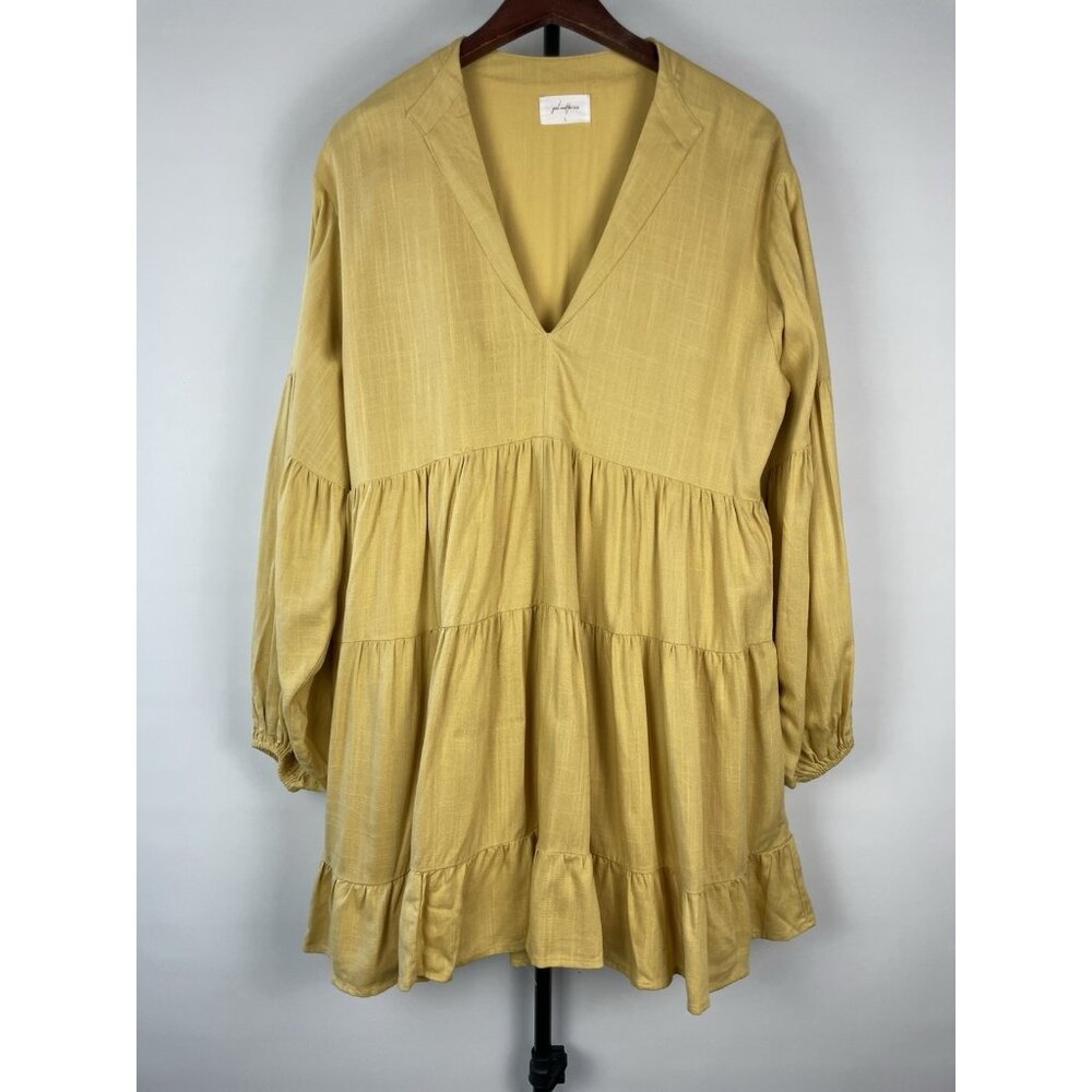 Girl And‎ The Sun Mustard Yellow Lorey Long Puff Sleeve Tiered Linen Blend Dress